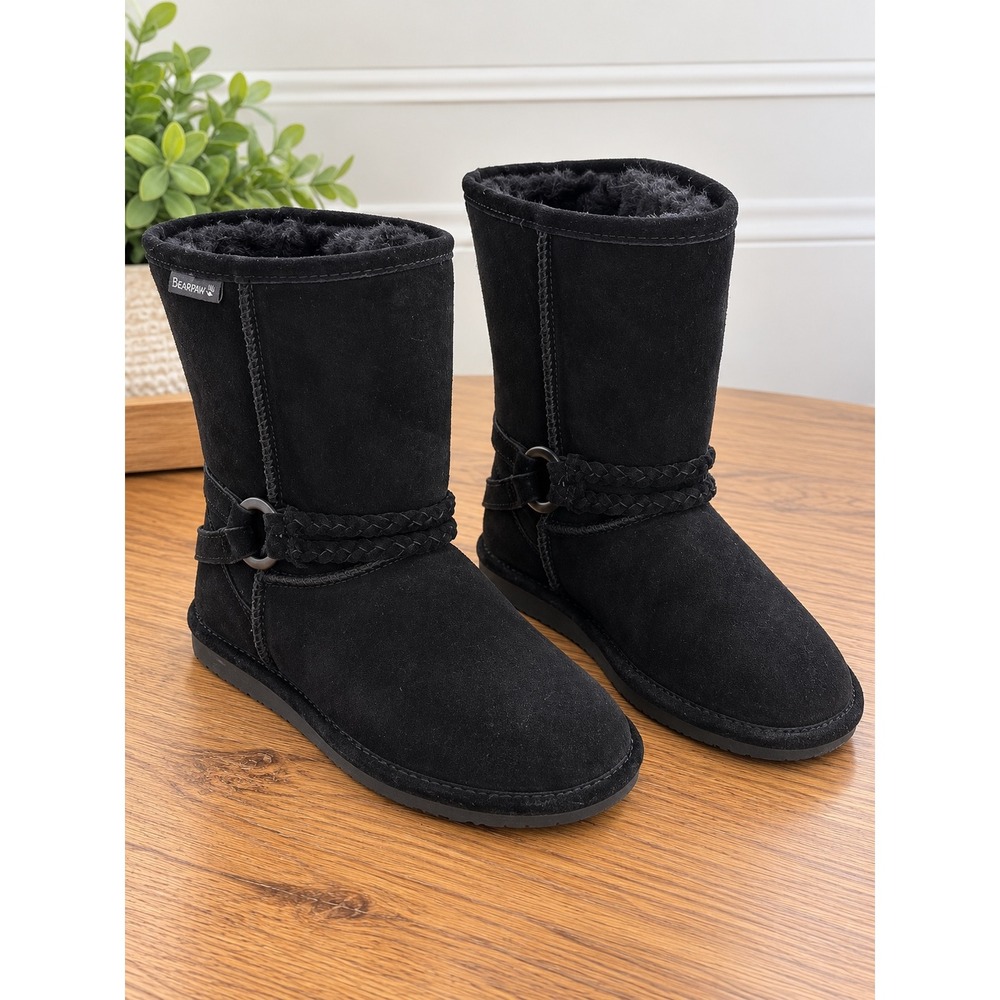 Bearpaw Adele Black Suede Mid Calf Boots Faux Fur Lined 1258W-ADELE Womens 9